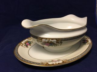 Vtg Noritake Japan Gravy Boat With Attached Underplate Blue Trim Grasmere