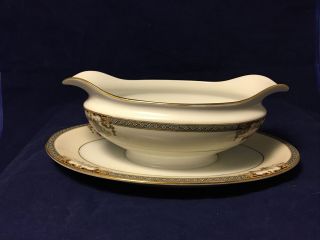 Vtg Noritake Japan Gravy Boat with Attached Underplate Blue Trim GRASMERE 2