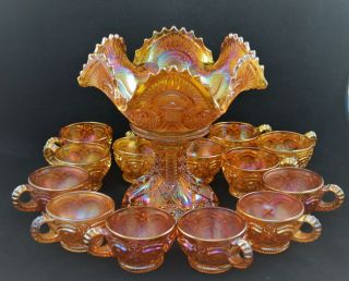 Imperial Carnival Glass Marigold Twins Fruit Bowl,  Base And 13 Cups Set