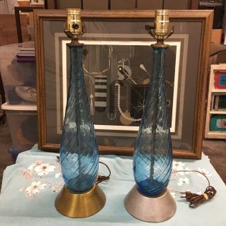 Mid Century Modern Blown Glass Table Lamps Peacock Turquoise Pair (2) Mcm
