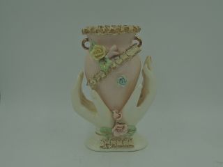 Vintage Japan Ceramic Hands Holding Decorative Pink Vase Florals