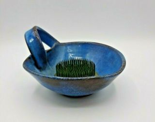 Blue Studio Art Pottery Ikebana Vase With Frog And Handle