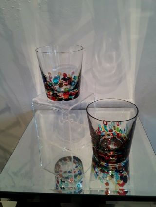 Vtg Set 2 Mcm Murano Venetian Glass Low Ball Glasses By Cenedese W/original Tag