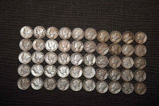 Mercury Dimes $5 Face Value 90 Silver 1 Roll 50 Coins 1941 - 1943