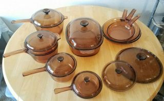 Vintage Visions Corning Ware 16 - Piece Amber Glass Cookware Sauce Pans & Skillets
