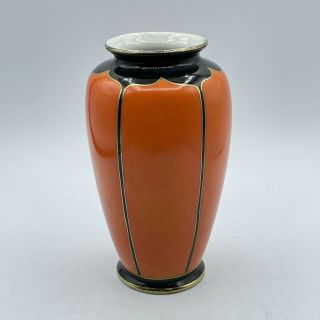 Shofu Vintage Vase Orange Black Gold Trim Painted Japan 6 “ Porcelain Art Deco