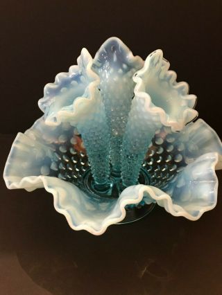 Vintage Fenton Blue Opalescent Hobnail Art Glass Epergne Bowl 3 Lily Horn Vase