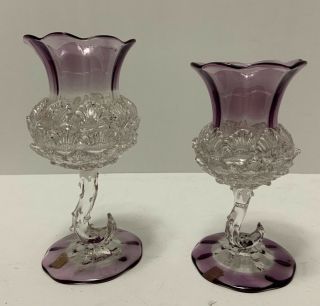 2 Venetian Glass Murano Goblets Shell Applied Bowls Amethyst Rim Foot Water Wine