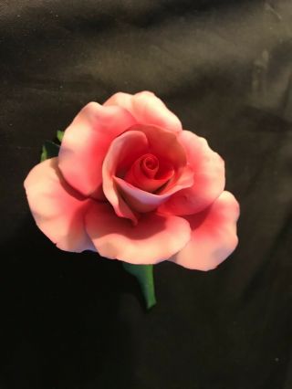 Vintage Capodimonte Fabar Pink Rose Italian Porcelain Flower On Stem Figurine