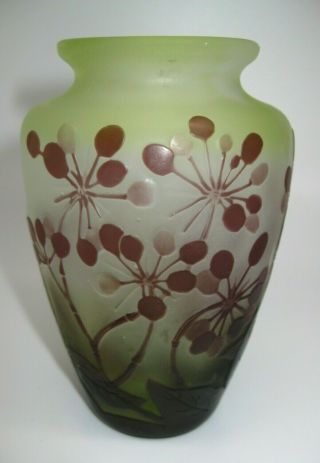 Signed Galle French Cameo Art Glass Vase Floral Umbels Green & Brown