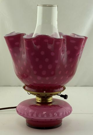 Fenton Glass 1961 Lg Wright Wild Rose Overlay Bubble Optic Kerosene Oil Lamp