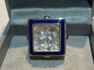 Size 9 1/2 - 10 Lalique Crystal Masque De Femme Blue Enamel Sterling Ring