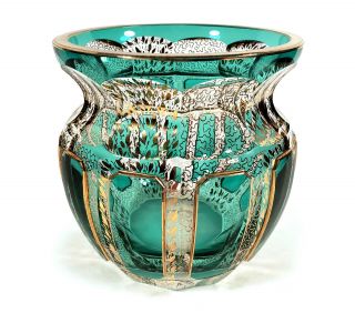 Vintage Moser Bohemian Art Glass Vase Turquoise Panels Cabochon Gold Detailing