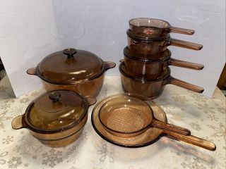 13 Pc Visions Visionware Corning Ware Amber Glass Cookware - Saucepans Skillets