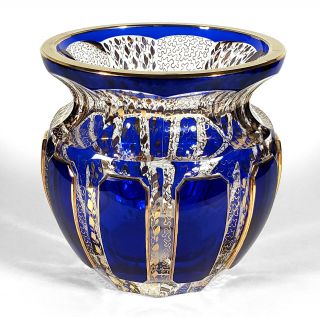 Vintage Moser Bohemian Art Glass Vase Cobalt Blue Panels Cabochon Gold Detailing