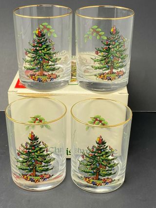 Spode Christmas Tree Beverage Glasses,  Double Old Fashioned,  Gold Rim Set Of 4