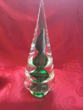 FLAWLESS Stunning MURANO Italy Glass Cone CHRISTMAS TREE Green Gold SWIRLS 9.  25” 2
