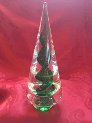 FLAWLESS Stunning MURANO Italy Glass Cone CHRISTMAS TREE Green Gold SWIRLS 9.  25” 3