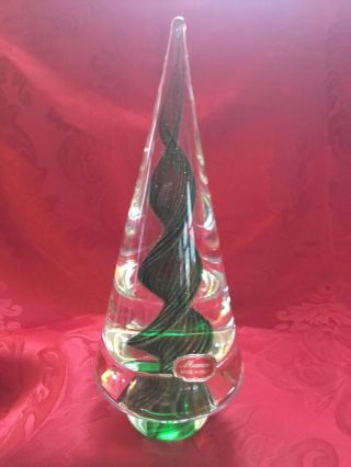 FLAWLESS Stunning MURANO Italy Glass Cone CHRISTMAS TREE Green Gold SWIRLS 9.  25” 4
