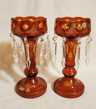 (2) Egermann Czech Bohemian Dark Amber Cut - To - Clear Mantle Luster/candle Holders