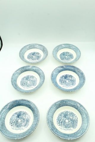 6 Vintage Royal China Blue Currier & Ives 5 1/2 " Berry Fruit Dessert Bowls