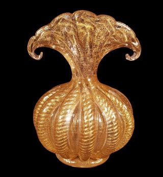 Vintage Barovier & Toso Murano Italian Art Glass Cordonato Oro Vase Gold Clear