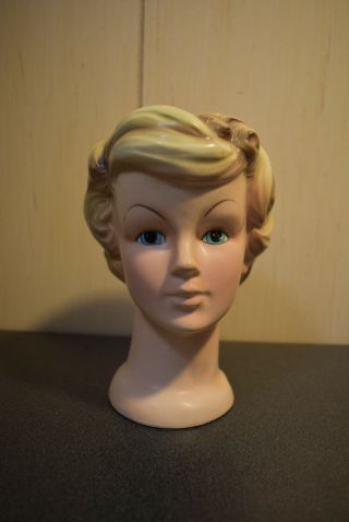 Enesco Vintage Ceramic Lady Head Vase 6 " Tall Blond Blue Eyes