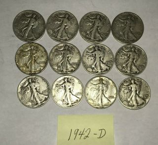 Twelve - 1942 - D U.  S.  90 Silver Walking Liberty Half Dollar Coin