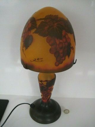 GALLE STYLE SIGNED ART NOUVEAU INSPIRED ORANGE GLASS ACID ETCHED MUSHROOM LAMP 2