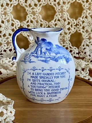 Vintage Delft Flow Blue Small Pitcher Funny Motto For Left - Handed People Blue