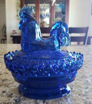 Imperial Glass Rooster Cobalt Blue Hen On Nest
