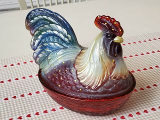 Fenton Glass Rooster Hen On Nest.  Hand Painted.  Sign.  Box.  Cranberry.  Unique