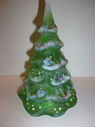 Fenton Glass Green " Bluebirds " Christmas Tree Figurine Ltd Ed M Kibbe 12/22