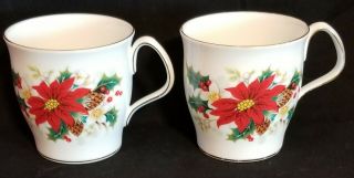 Vintage Set Of Two Royal Albert Christmas Coffee Tea Mugs Poinsettia Bone China