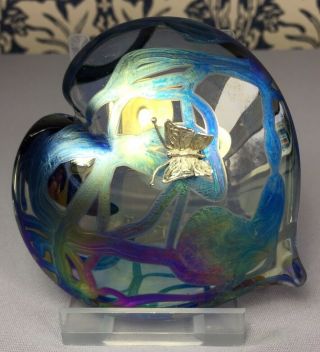 Glasform John Ditchfield Iridescent Heart Paperweight With Silver Butterfly
