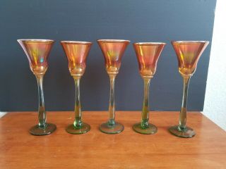 5 Rick Strini Art Glass Gold Iridescent Wine Glasses Goblet 10 " Near Signed