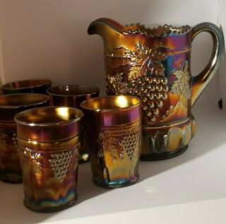 Northwood Grape Cable Carnival Glass Water Pitcher & 5 Tumblers Set Purple Gold