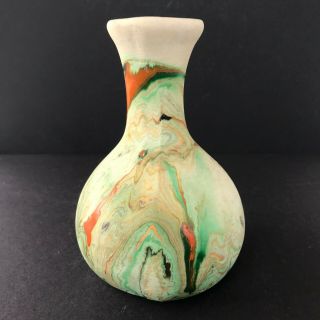 Vintage Nemadji Pottery Swirl Bulb Vase 6 1/4 " Orange & Green Signed