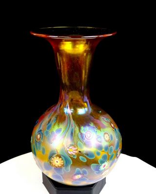 Studio Art Glass Artist Signed Amber Iridescent Millefiori 8 1/8 " Vase 2006