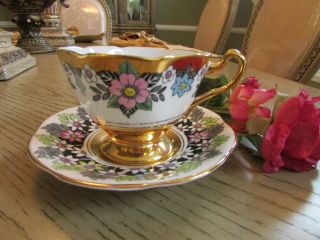 Vtg Rosina Bone China Teacup And Saucer Gold Rimmed Florals 5053/r England