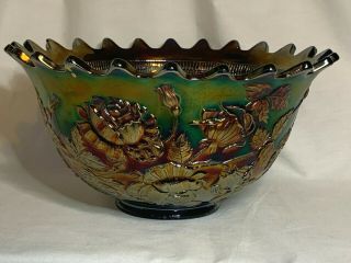 Fenton Carnival Glass Wreath Of Roses Persian Medallion Interior Blue Punch Bowl