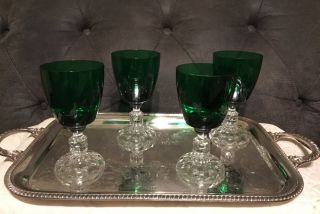 Set Of 4 Fostoria Green American Lady Goblets 6 1/8” Crystal Glass Stems