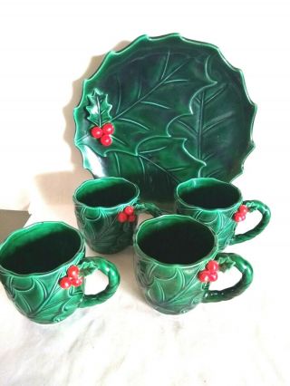 Vintage Lefton Christmas Holly Berry Snack Plate And Four Cups