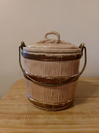 Vintage Pottery Covered Barrel Pail Bucket Cookie Jar Canister With Metal Handle