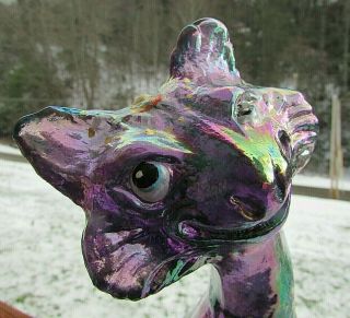 Fenton Amethyst Carnival Iridescent Glass Hand Painted Alley Cat Figurine11 " H