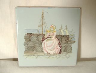 Vintage Italian Art Pottery Tile Victorian Lady Harbor Wharf Hand Painted Italy