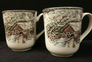 2 Vintage Johnson Bros Friendly Village Covered Bridge Mugs 4 " Made In England