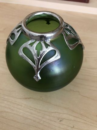 Carl Stolzle / Austrian Green Iridescent Glass Vase With Pewter Rim