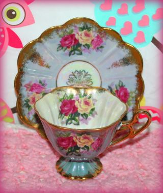 Royal Halsey Lm Vintage Floral Iridescent Teacup & Saucer Very Fine China