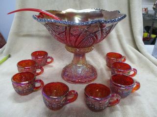 Glass Red Iridescent Heirloom Carnival Glass 10pc Punch Bowl Set - - S34